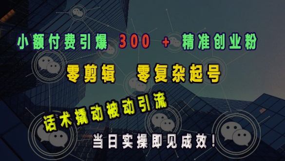 小额付费引爆 300 + 精准创业粉，零剪辑、零复杂起号，话术撬动被动引流，当日实操即见成效-米壳知道—知识分享平台