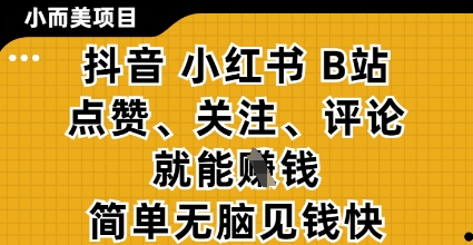 小而美的项目，抖音小红书B站视频点赞、关注、评论就能挣钱，简单无脑立见收益，妥妥的零撸项目【揭秘】-米壳知道—知识分享平台