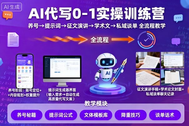 AI代写0-1实操训练营，从养号、提示词、征文演讲、学术文，到私域谈单的全流程教学-米壳知道—知识分享平台