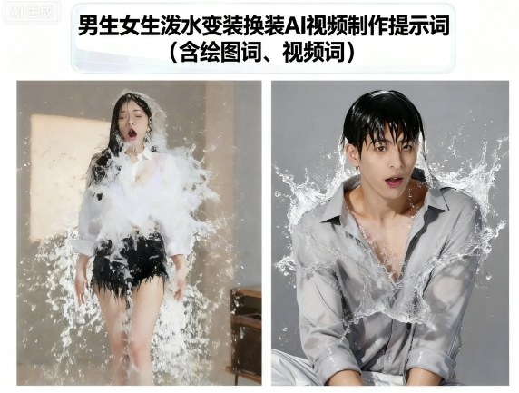 男生女生泼水变装换装AI视频制作提示词(含绘图词、视频词)-米壳知道—知识分享平台