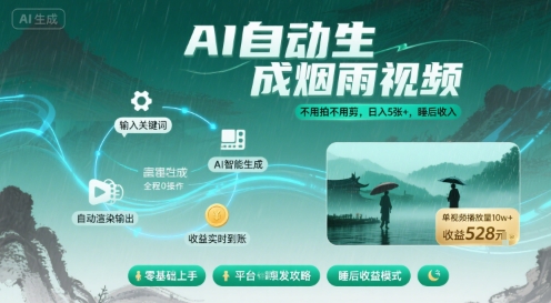 不用拍不用剪！AI自动生成烟雨视频，日入5张+，睡后收入-米壳知道—知识分享平台