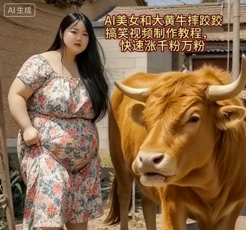AI美女和大黄牛摔跤搞笑荒诞视频制作教程，快速涨千粉万粉-米壳知道—知识分享平台