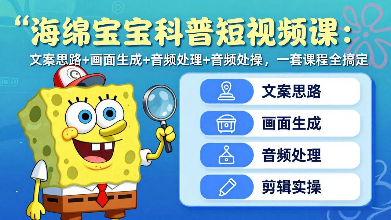 海绵宝宝科普短视频课：文案思路+画面生成+音频处理+剪辑实操，一套课程全搞定-米壳知道—知识分享平台