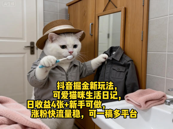 抖音掘金新玩法，可爱猫咪生活日记，日收益4张+新手可做，涨粉快流量稳，可一稿多平台-米壳知道—知识分享平台