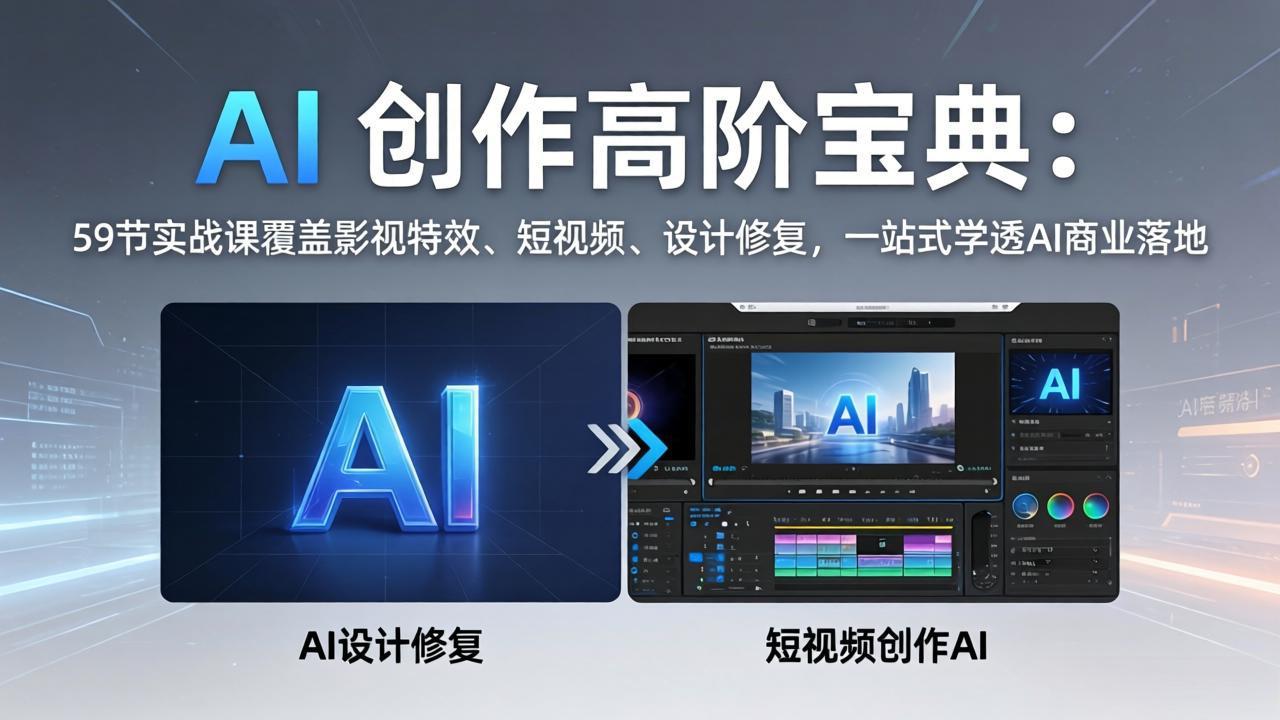 AI 创作高阶宝典:59节实战课覆盖影视特效、短视频、设计修复,一站式学透AI商业落地-米壳知道—知识分享平台