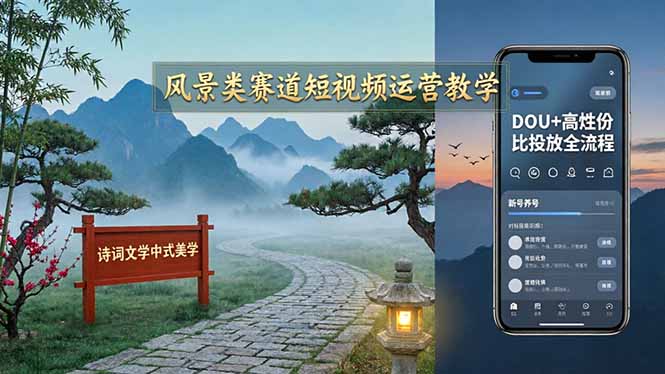 风景类赛道短视频运营教学：诗词文学中式美学，新号养号对标账号定位，DOU+高性价比投放全流程-米壳知道—知识分享平台