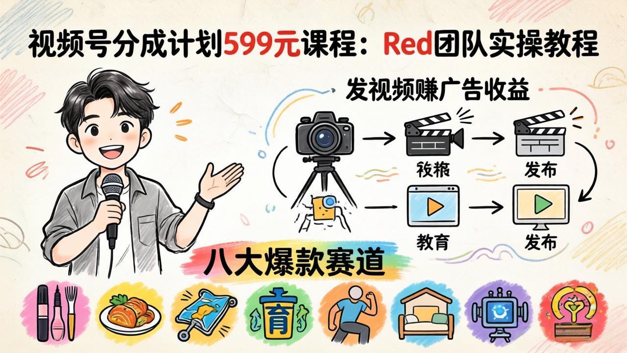 视频号分成计划599元课程：Red团队实操教程，发视频赚广告收益，八大爆款赛道全掌握-米壳知道—知识分享平台