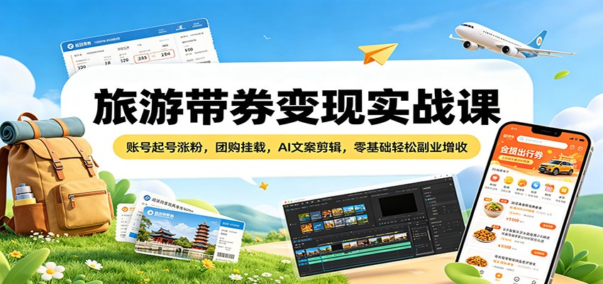 旅游带券变现实战课：账号起号涨粉，团购挂载，AI文案剪辑，零基础轻松副业增收-米壳知道—知识分享平台