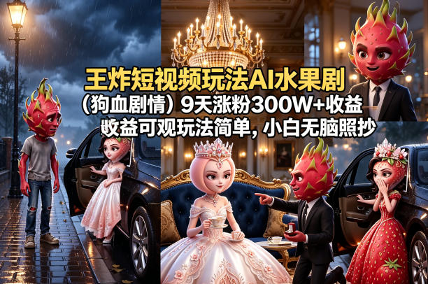 王炸短视频玩法AI水果剧(狗血剧情)9天涨粉300W+收益可观玩法简单，小白无脑照抄，详细拆解玩法-米壳知道—知识分享平台