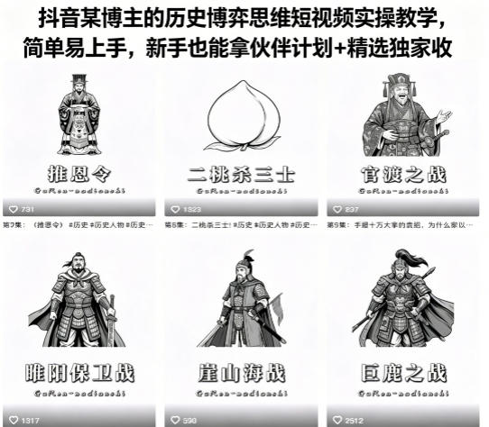 抖音某博主的历史博弈思维短视频实操教学，简单易上手，新手也能拿伙伴计划+精选独家收益-米壳知道—知识分享平台
