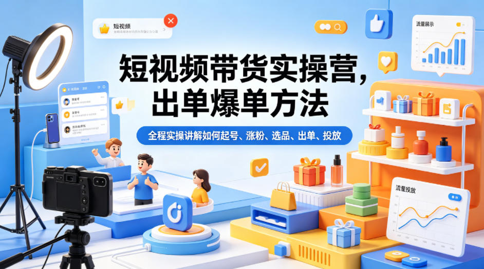 短视频带货实操营，出单爆单方法，全程实操讲解如何起号、涨粉、选品、出单、投放(更新0515)-米壳知道—知识分享平台
