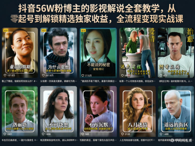 抖音56W粉博主的影视解说全套教学，从零起号到解锁精选独家收益，全流程变现实战课-米壳知道—知识分享平台