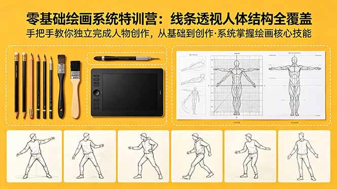 零基础绘画系统特训营:线条透视人体结构全覆盖,手把手教你独立完成人物创作-米壳知道—知识分享平台