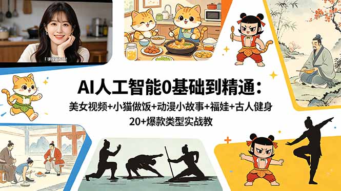 AI人工智能0基础到精通：美女视频+小猫做饭+动漫小故事+福娃+古人健身，20+爆款类型实战教学-米壳知道—知识分享平台
