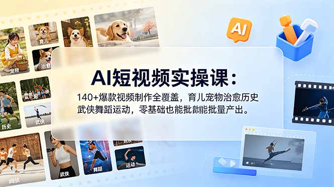 AI短视频实操课:140+爆款视频制作全覆盖,育儿宠物治愈历史武侠舞蹈运动,零基础也能批量产出-米壳知道—知识分享平台
