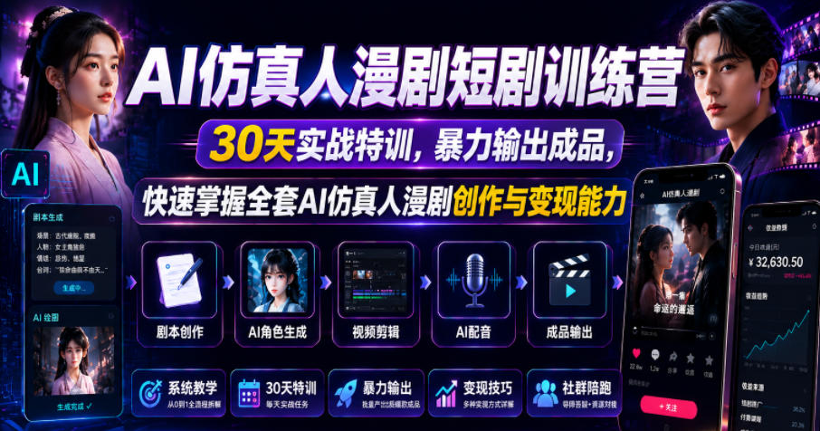 AI仿真人漫剧短剧训练营，30天实战特训，暴力输出成品，快速掌握全套AI仿真人漫剧创作与变现能力-米壳知道—知识分享平台