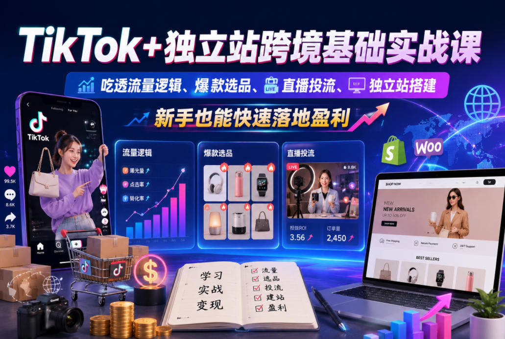 TikTok+独立站跨境基础实战课,吃透流量逻辑、爆款选品、直播投流与独立站搭建,新手也能快速落地盈利-米壳知道—知识分享平台