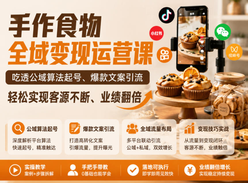 手作食物全域变现运营课，吃透公域算法起号、爆款文案引流，轻松实现客源不断、业绩翻倍-米壳知道—知识分享平台