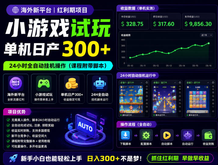 海外新平台,小游戏试玩,单机日产300+,24小时全自动挂G操作(课程附带脚本)【揭秘】-米壳知道—知识分享平台