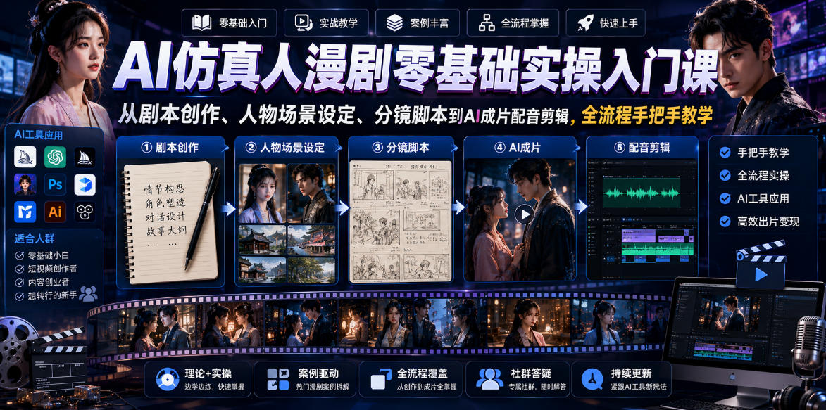 AI仿真人漫剧零基础实操入门课,从剧本创作、人物场景设定、分镜脚本到AI成片配音剪辑,全流程手把手教学-米壳知道—知识分享平台