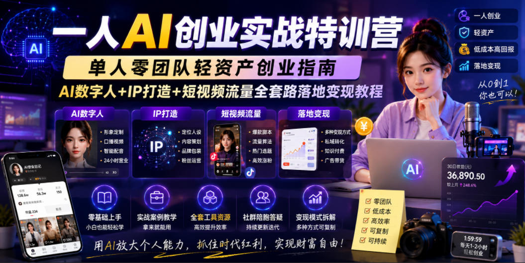 一人AI创业实战特训营，单人零团队轻资产创业指南，AI数字人+IP打造+短视频流量全套路落地变现教程-米壳知道—知识分享平台