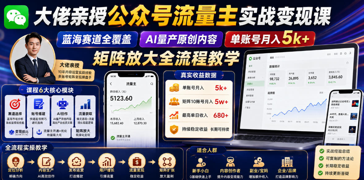 大佬亲授公众号流量主实战变现课，蓝海赛道全覆盖，AI量产原创内容，单账号月入5k+矩阵放大全流程教学-米壳知道—知识分享平台