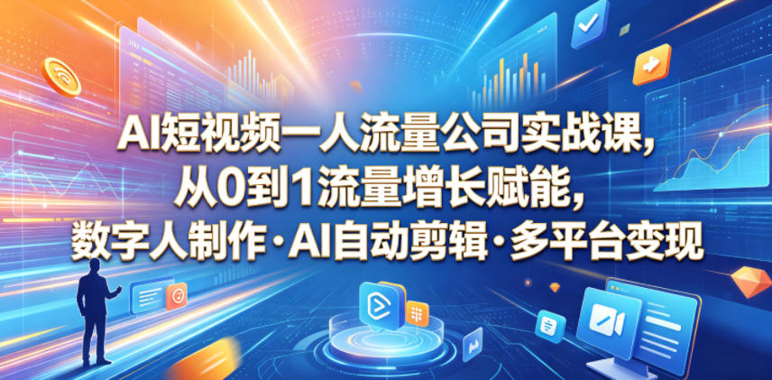 AI短视频一人流量公司实战课，从0到1流量增长赋能，数字人制作・AI自动剪辑・多平台变现，一人做流量生意全落地教程-米壳知道—知识分享平台