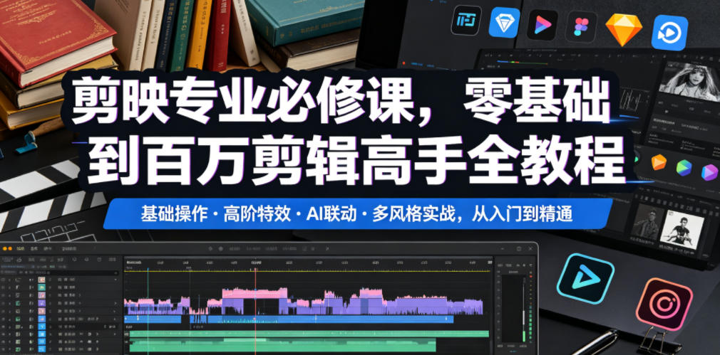 剪映专业必修课,零基础到百万剪辑高手全教程,基础操作・高阶特效・AI联动・多风格实战,从入门到精通-米壳知道—知识分享平台
