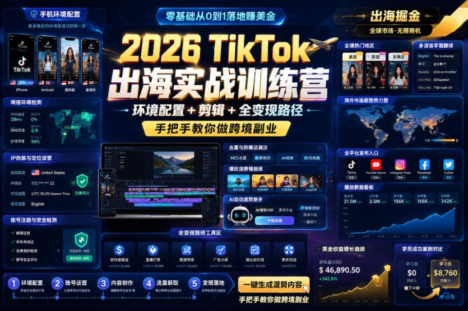 2026 TikTok出海实战训练营，环境配置 + 剪辑 + 全变现路径，手把手教你做跨境副业-米壳知道—知识分享平台