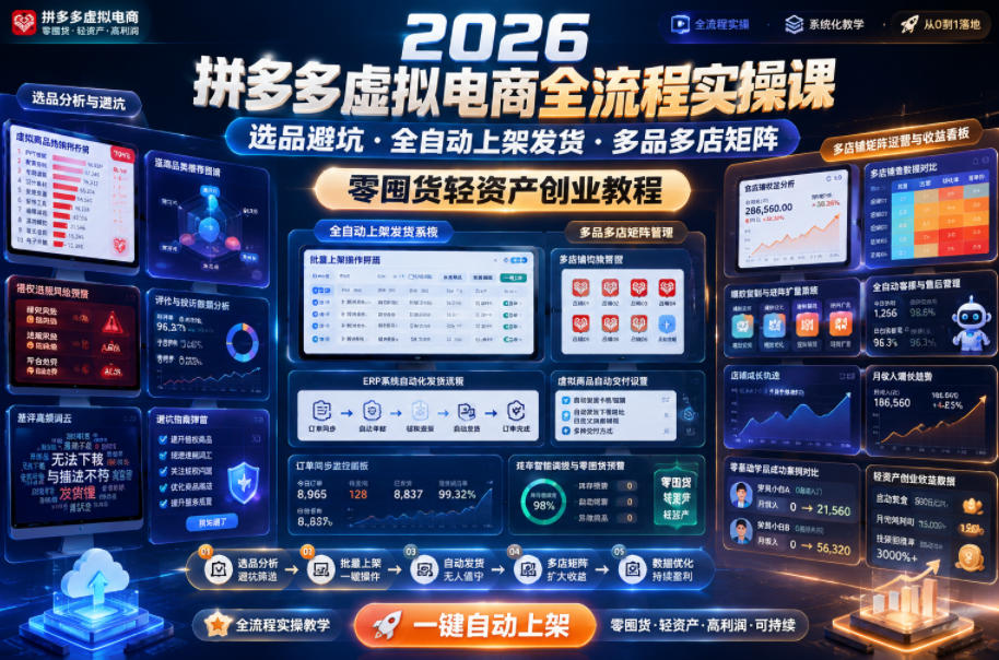 2026拼多多虚拟电商全流程实操课，选品避坑・全自动上架发货・多品多店矩阵，零囤货轻资产创业教程-米壳知道—知识分享平台