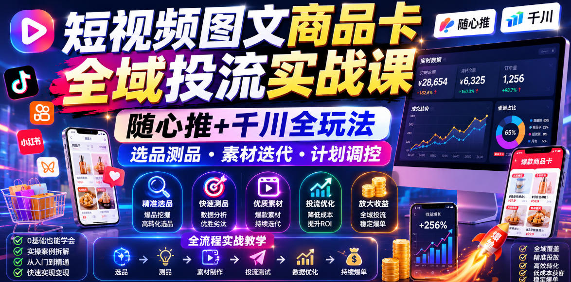 短视频图文商品卡全域投流实战课，随心推+千川全玩法，选品测品・素材迭代・计划调控，提升ROI爆单增收教程-米壳知道—知识分享平台
