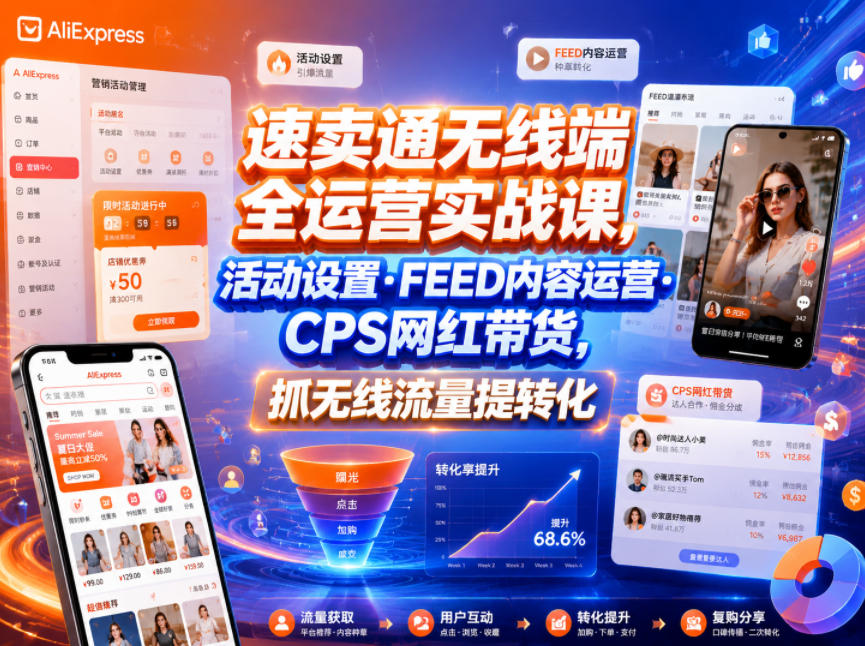 速卖通无线端全运营实战课，活动设置・FEED内容运营・CPS网红带货，抓无线流量提转化-米壳知道—知识分享平台