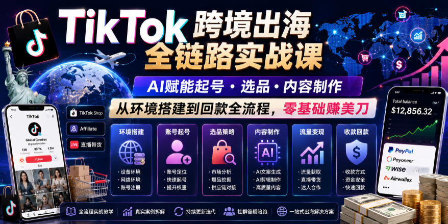 TikTok跨境出海全链路实战课，AI赋能起号・选品・内容制作，从环境搭建到回款全流程，零基础賺美刀-米壳知道—知识分享平台