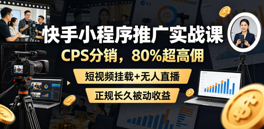 快手小程序推广实战课，CPS分销，80%超高佣，短视频挂载+无人直播，正规长久被动收益-米壳知道—知识分享平台