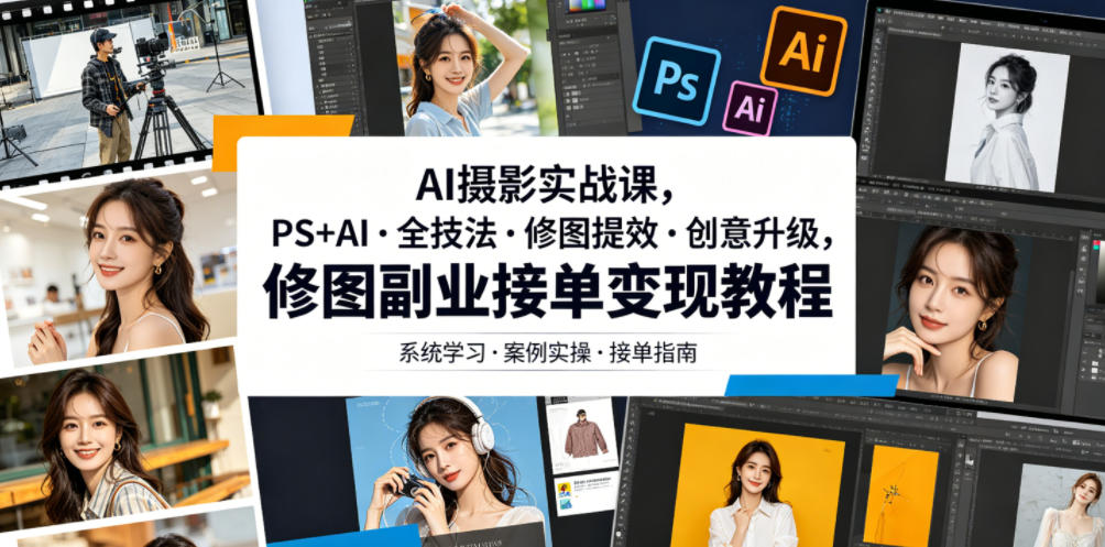AI摄影实战课，PS+AI・全技法・修图提效・创意升级，修图副业接单变现教程-米壳知道—知识分享平台