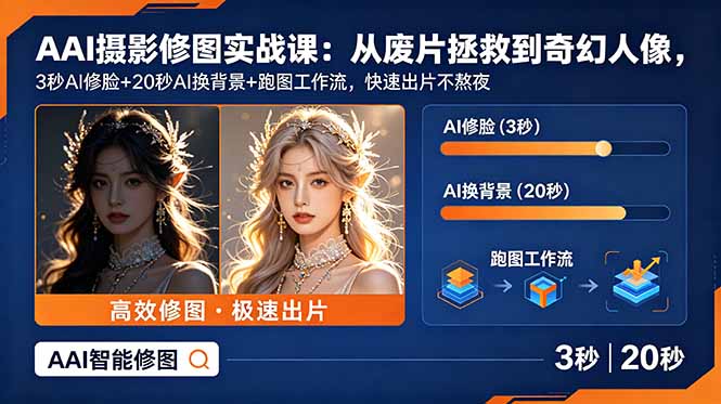 AI摄影修图实战课：从废片拯救 到 奇幻人像，3秒AI修脸+20秒AI换背景+跑图工作流，快速出片不熬夜-米壳知道—知识分享平台