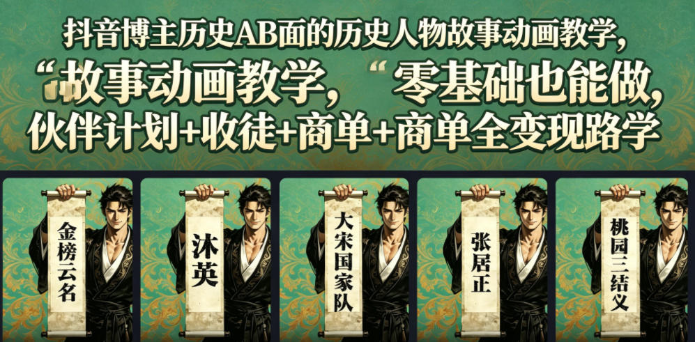 抖音博主历史AB面的历史人物故事动画教学，零基础也能做，伙伴计划+收徒+商单全变现路径教学-米壳知道—知识分享平台