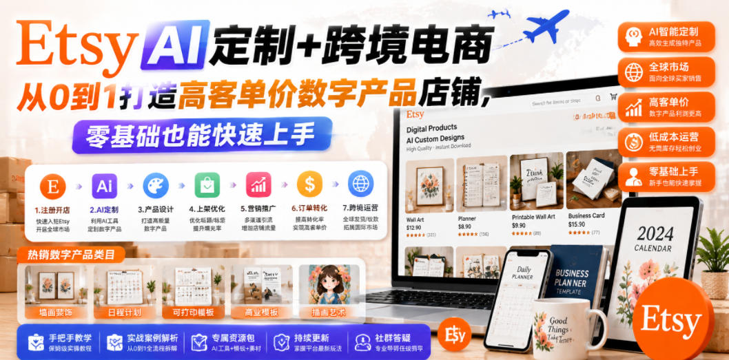 Etsy AI定制+跨境电商，从0到1打造高客单价数字产品店铺，零基础也能快速上手-米壳知道—知识分享平台