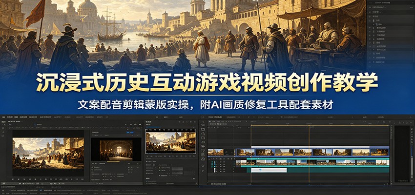 沉浸式历史互动游戏视频创作教学：文案配音剪辑蒙版实操，附AI画质修复工具配套素材-米壳知道—知识分享平台