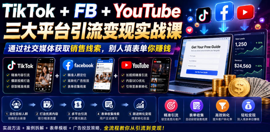 TikTok+FB+YouTube三大平台引流变现实战课，通过社交媒体获取销售线索，别人填表单你賺钱【原创双语字幕】-米壳知道—知识分享平台