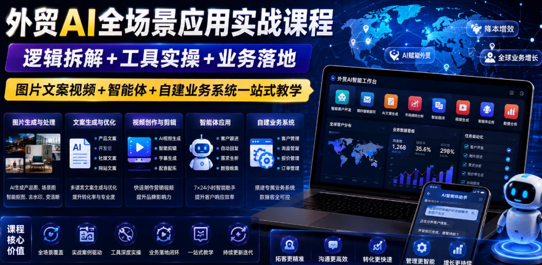 外贸AI全场景应用实战课程｜逻辑拆解+工具实操+业务落地，图片文案视频+智能体+自建业务系统一站式教学-米壳知道—知识分享平台