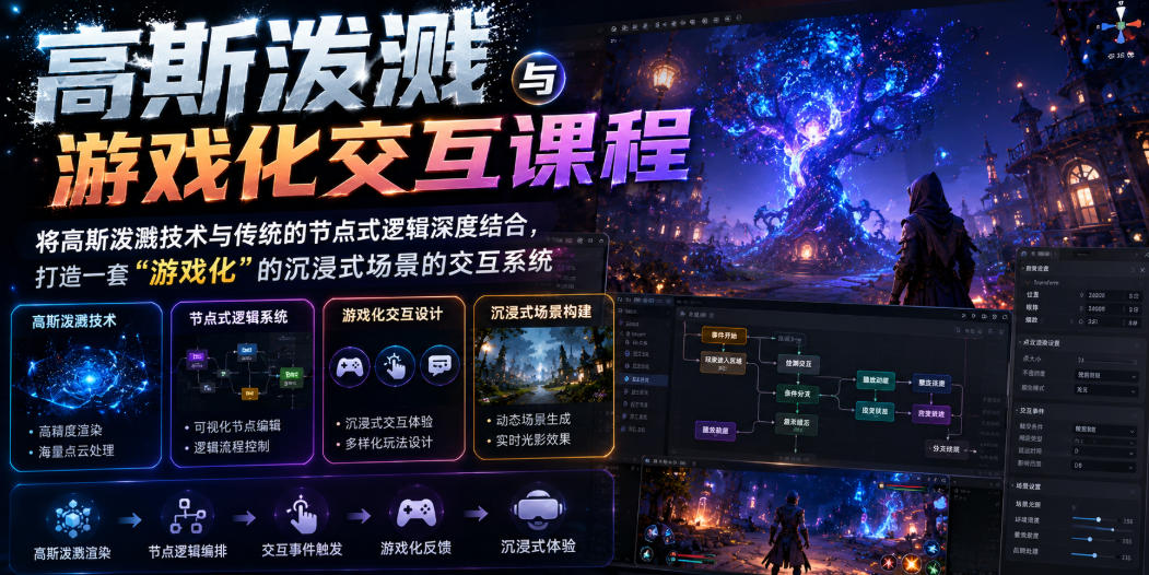 高斯泼溅与游戏化交互课程，将高斯泼溅技术与传统的节点式逻辑深度结合，打造一套“游戏化”的沉浸式场景的交互系统-米壳知道—知识分享平台