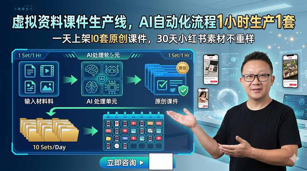 虚拟资料课件生产线，AI自动化流程1小时生产1套，一天上架10套原创课件，30天小红书素材不重样-米壳知道—知识分享平台