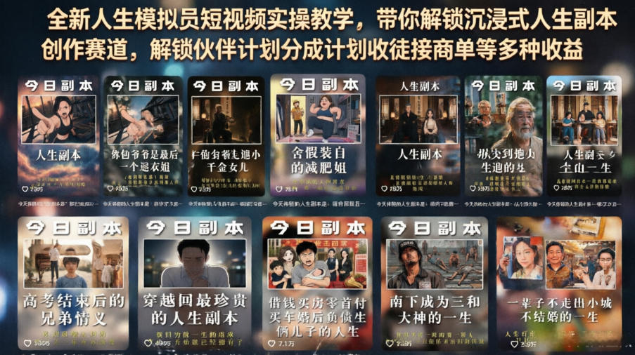 全新人生模拟员短视频实操教学，带你解锁沉浸式人生副本创作赛道，解锁伙伴计划分成计划收徒接商单等多种收益-米壳知道—知识分享平台