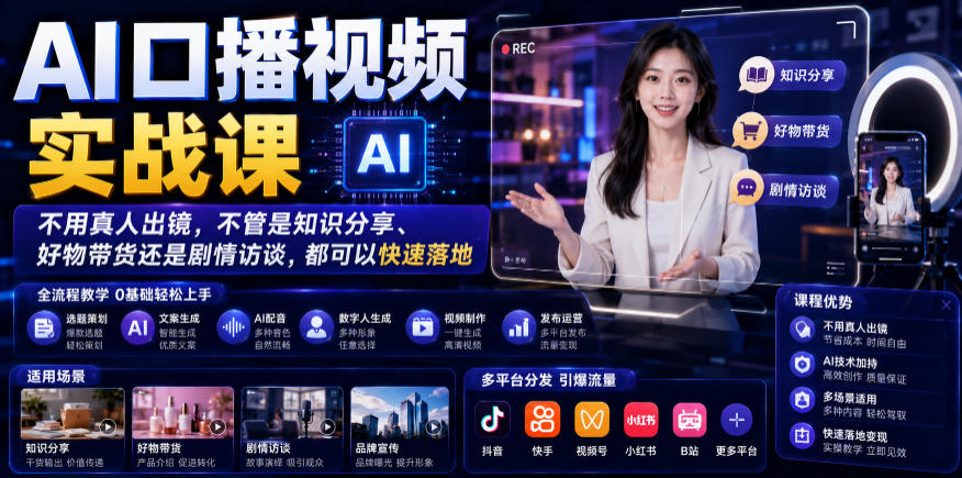 AI口播视频实战课，不用真人出镜，不管是知识分享、好物带货还是剧情访谈，都可以快速落地-米壳知道—知识分享平台