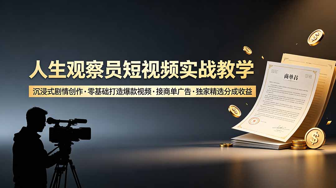 人生观察员短视频实战教学，沉浸式剧情创作，零基础打造爆款视频，接商单广告，独家精选分成收益-米壳知道—知识分享平台