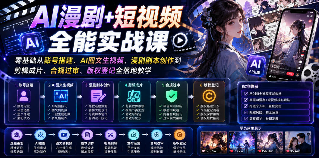 AI漫剧+短视频全能实战课｜零基础从账号搭建、AI图文生视频、漫剧剧本创作到剪辑成片、合规过审、版权登记全落地教学-米壳知道—知识分享平台