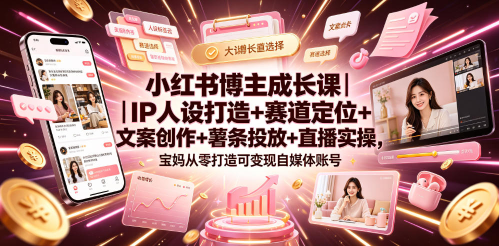 小红书博主成长课｜IP人设打造+赛道定位+文案创作+薯条投放+直播实操，宝妈从零打造可变现自媒体账号-米壳知道—知识分享平台