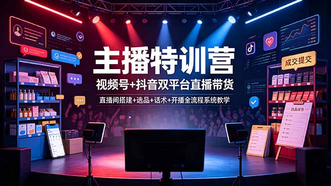 主播特训营：视频号+抖音双平台直播带货，直播间搭建+选品+话术+开播全流程系统教学-米壳知道—知识分享平台
