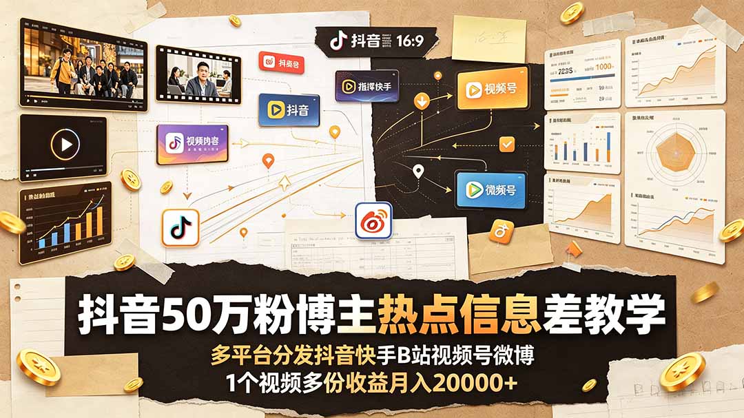 抖音50万粉博主热点信息差教学：多平台分发抖音快手B站视频号微博，1个视频多份收益月入20000+-米壳知道—知识分享平台